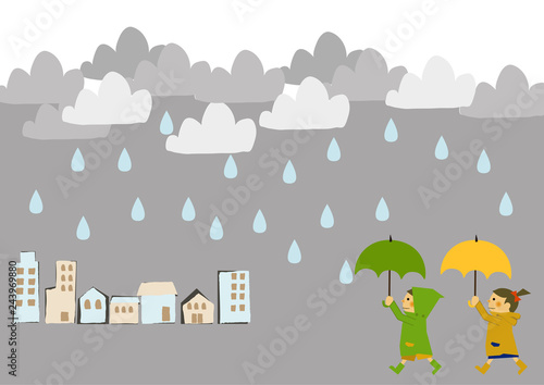 レインコートを着た子供。 雨のイメージイラスト。 梅雨の季節の為のイラストレーション。 子供と雨のイラストレーション。 季節のクリップアート。