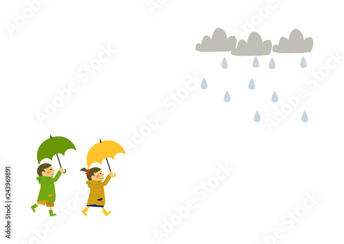 レインコートを着た子供。 雨のイメージイラスト。 梅雨の季節の為のイラストレーション。 子供と雨のイラストレーション。 季節のクリップアート。