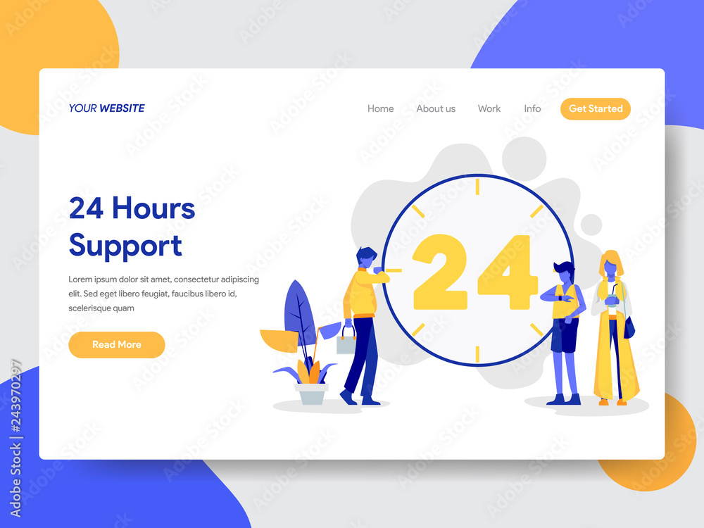 Landing page template of 24 Hours Live Support Illustration Concept. Modern flat design concept of web page design for website and mobile website.Vector illustration Landing page template of 24 Hours Live Support Illustration Concept. Modern flat design concept of web page design for website and mobile website.Vector illustration