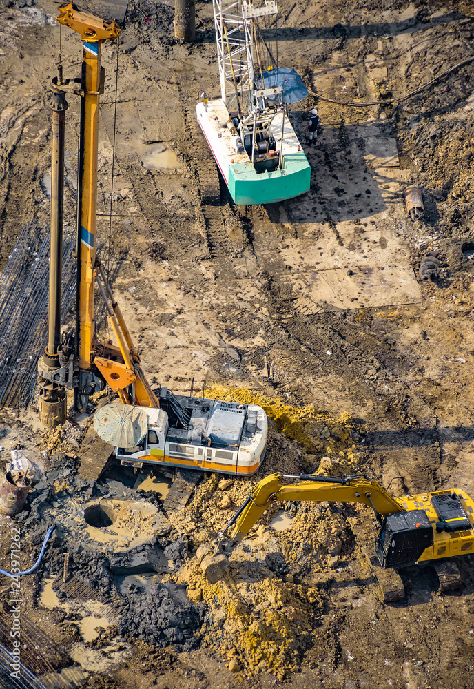 Aerial view of concrete bored pile foundation work on a construction site. Aerial view of concrete bored pile foundation work on a construction site.