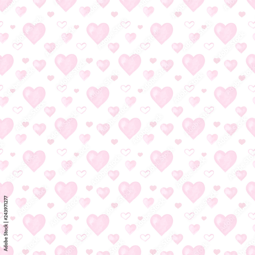 Watercolor hearts seamless background. Pink watercolor heart pattern. Colorful watercolor romantic texture