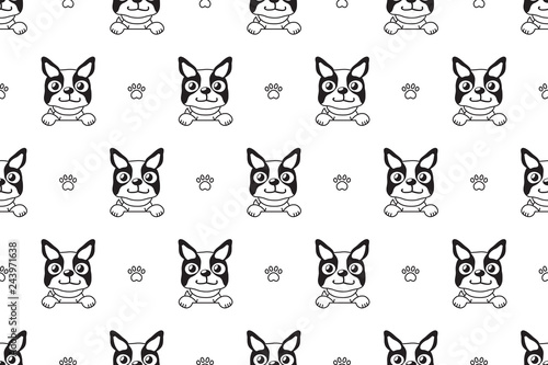 Vector cartoon character boston terrier dog seamless pattern for design.