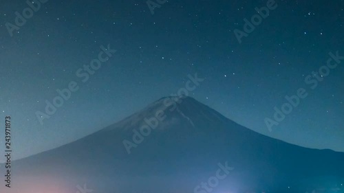 Astro Timelapse of Mt. Fuji over Reflective Lake Kawaguchi -Close Up2- photo