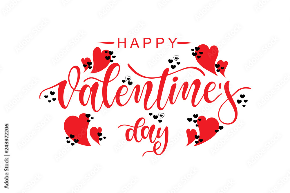 Hand drawn elegant modern brush lettering of Happy Valentines Day with red and black hearts isolated on white background. Vector illustration. 