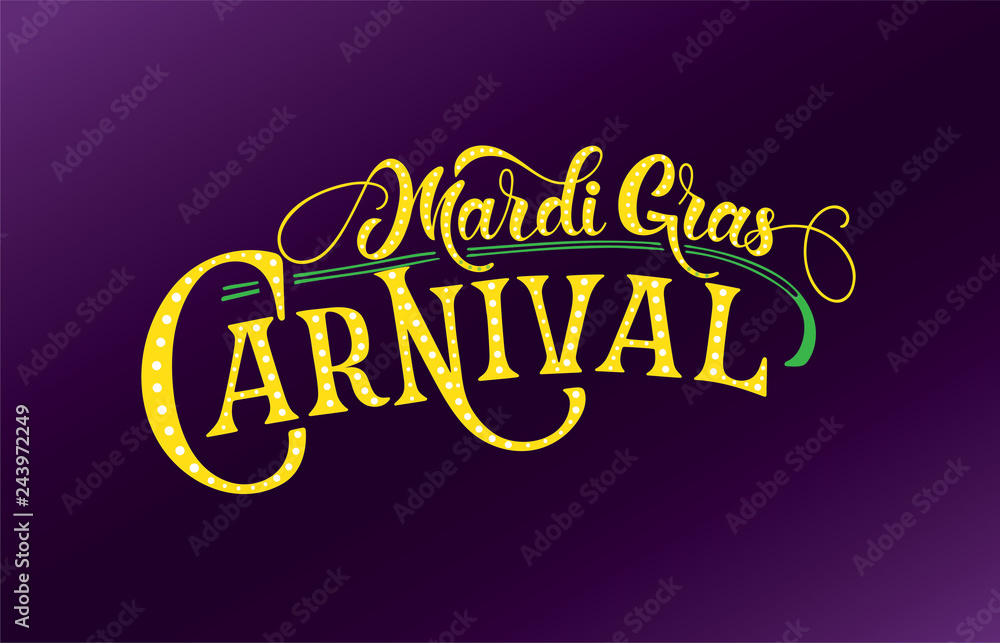Mardi Gras logotype. Festival vector banner. Illustration of Mardi Gras festival design on textured background. Green, yellow and violet lettering typography for logo, poster, card, postcard.