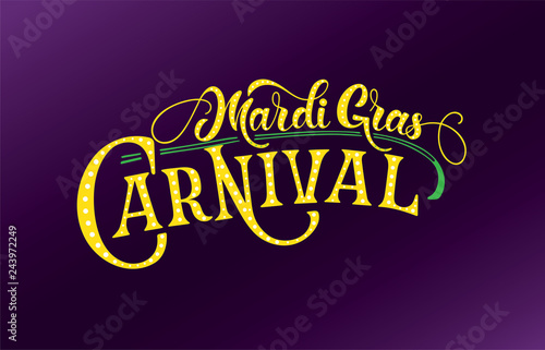 Mardi Gras logotype. Festival vector banner. Illustration of Mardi Gras festival design on textured background. Green, yellow and violet lettering typography for logo, poster, card, postcard.