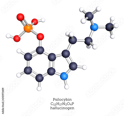 3D Illustration of psilocybin molecular model