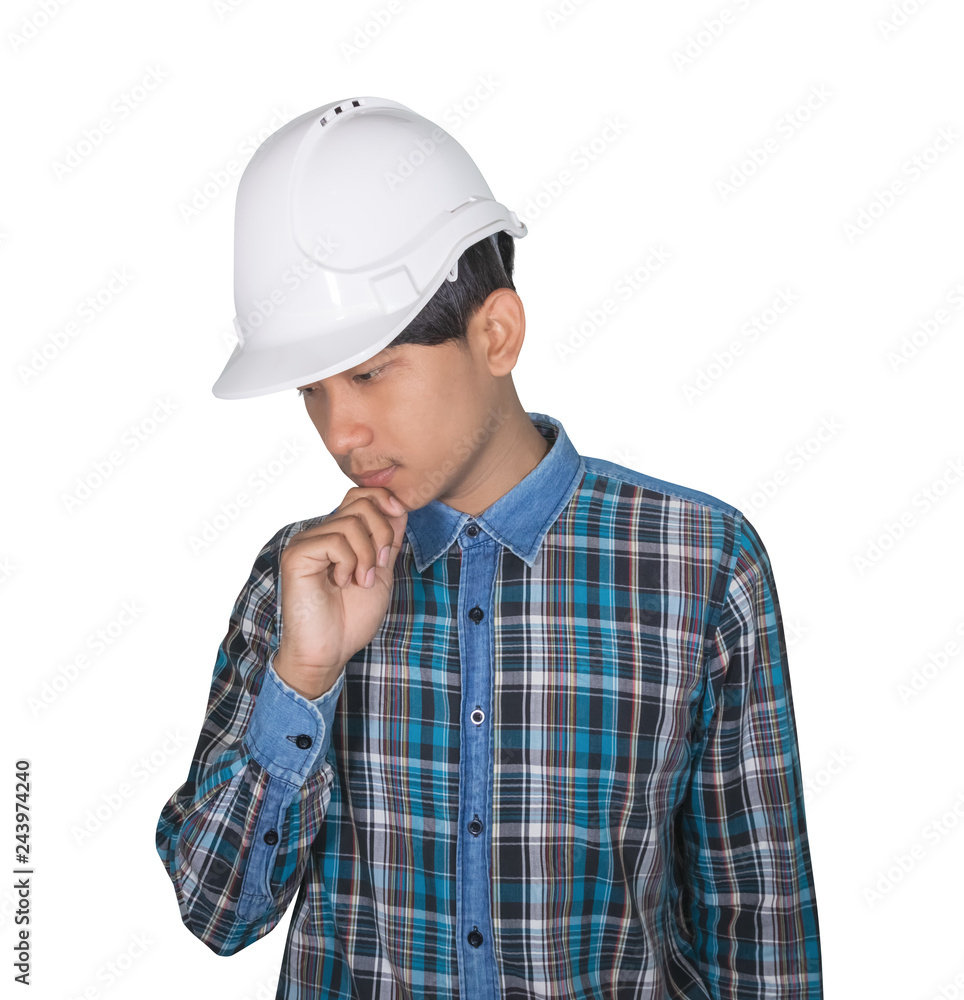Engineer construction man thinking and wear white safety helmet plastic on white background Engineer construction man thinking and wear white safety helmet plastic on white background