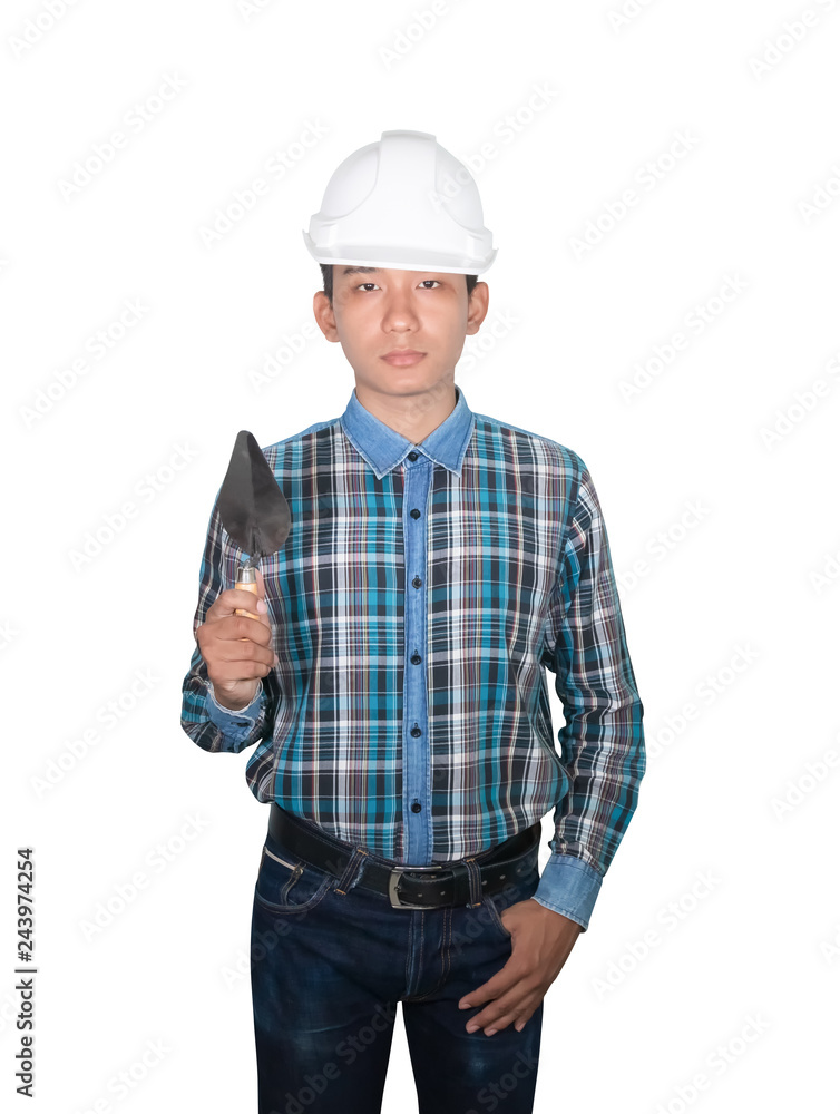 hand of engineer holding Triangle trowel and wear white safety helmet plastic on white background. construction concept hand of engineer holding Triangle trowel and wear white safety helmet plastic on white background. construction concept