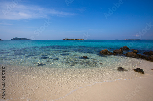 Bright blue sea view, natural background of beach, lake, bright sky wallpaper Natural beauty without additives