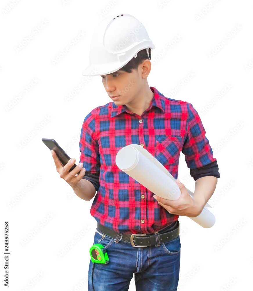 Engineer using cell phone with hand holding rolled blueprints and wear white safety helmet plastic on white background. construction concept Engineer using cell phone with hand holding rolled blueprints and wear white safety helmet plastic on white background. construction concept