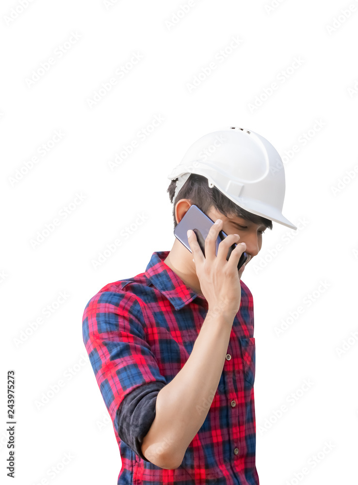 hand of engineer using cell phone and wear white safety helmet plastic on white background. construction concept hand of engineer using cell phone and wear white safety helmet plastic on white background. construction concept