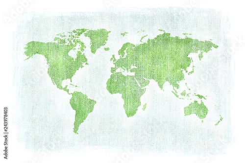 Textured illustration of map of the world with burlap linen background. White edges. Blue and Green texture.