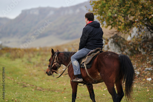 man riding a horse in nature