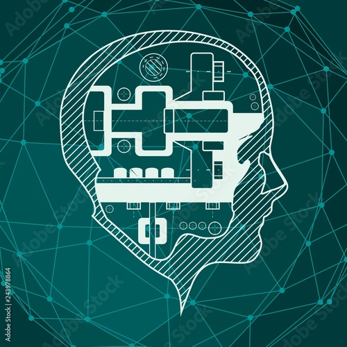 Avatar profile view. Face silhouette or icon. Mechanical engineering drawing background. Molecule and communication backdrop. Connected lines with dots.