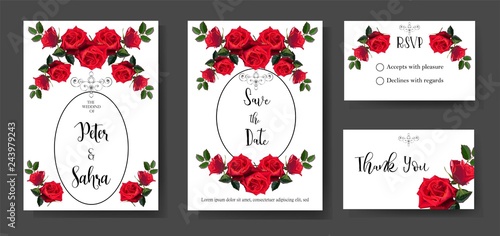 Set of wedding Invitation card templates with of beautiful red rose -vector - Vector