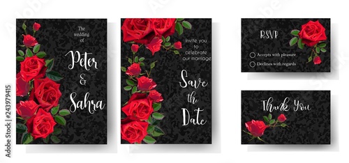 Set of red rose beautiful cards on texture black background , Wedding invite, invitation, save the date card with vector floral bouquet frame design-vector - Vector