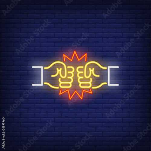 Two bro fists neon sign. Glowing fists on brick wall background. Vector illustration can be used for gesturing, communication, chatting