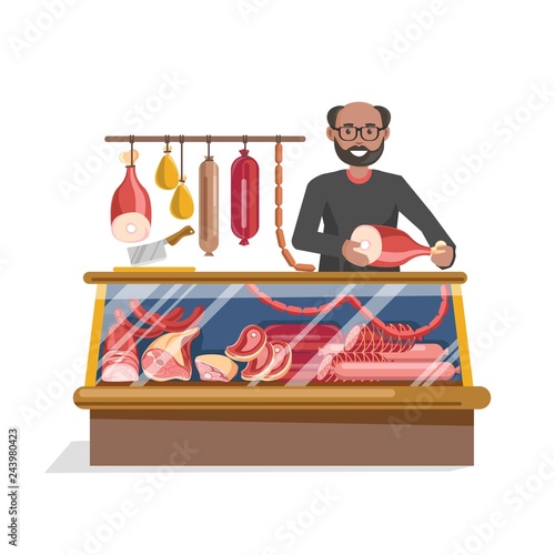 Butchers shop with fresh meat and friendly seller.