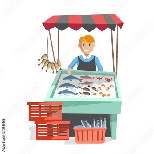 Market wooden counter with organic seafood on ice and seller in apron.