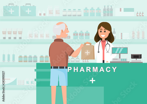 pharmacy with nurse in counter. drugstore cartoon character