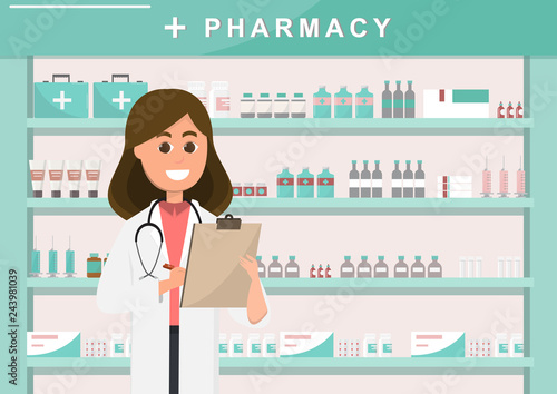 pharmacy with nurse in counter. drugstore cartoon character