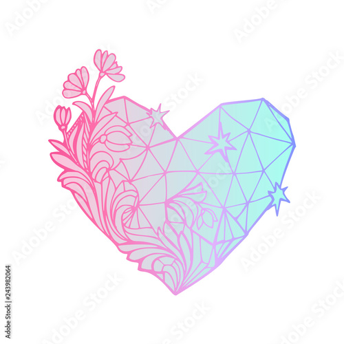 Handsketched vector ink illustration of polygonal pink and blue diamond crystal, heart shaped gem stone. Symbol of indifference, coldness, heartbreak and unrequited love, spring and awakening new love
