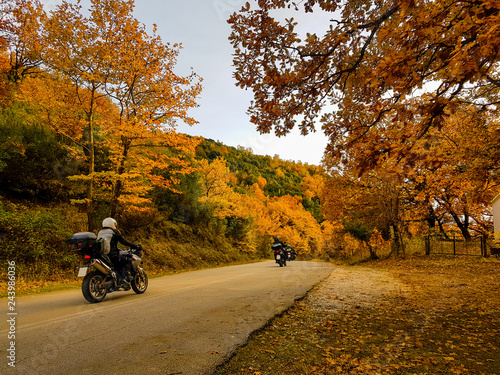 motorbikes on the road in autumn colors oak trees in Tzoumerka Arta Greece