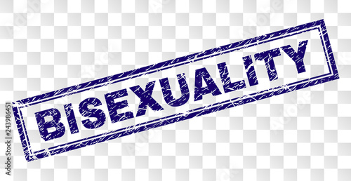 BISEXUALITY stamp seal print with rubber print style and double framed rectangle shape. Stamp is placed on a transparent background. Blue vector rubber print of BISEXUALITY label with retro texture.