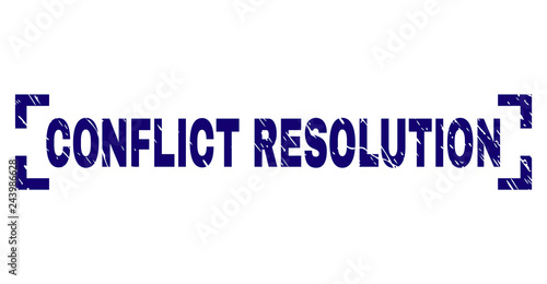 CONFLICT RESOLUTION title seal print with corroded texture. Text caption is placed inside corners. Blue vector rubber print of CONFLICT RESOLUTION with unclean texture.
