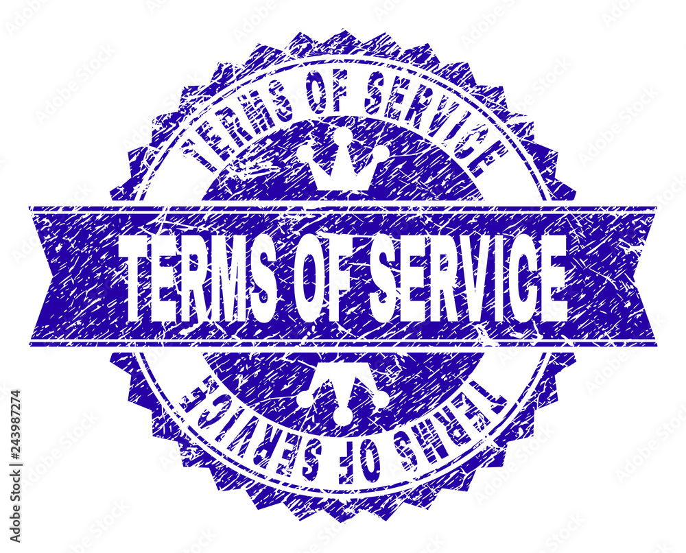 TERMS OF SERVICE rosette stamp watermark with grunge texture. Designed with round rosette, ribbon and small crowns. Blue vector rubber watermark of TERMS OF SERVICE text with dust texture. TERMS OF SERVICE rosette stamp watermark with grunge texture. Designed with round rosette, ribbon and small crowns. Blue vector rubber watermark of TERMS OF SERVICE text with dust texture.