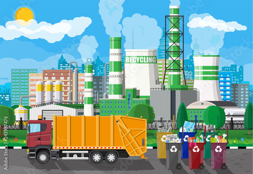 Urban cityscape with garbage car and factory