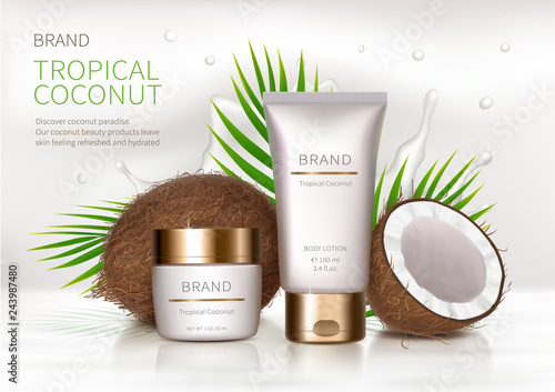 Cosmetic realistic vector background. White jar and tube with golden lid next to coconut, palm leaves and milk splash. Mock up promo banner with organic cosmetics, concept poster for natural product