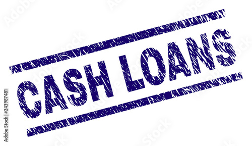 CASH LOANS seal print with distress style. Blue vector rubber print of CASH LOANS text with unclean texture. Text title is placed between parallel lines.