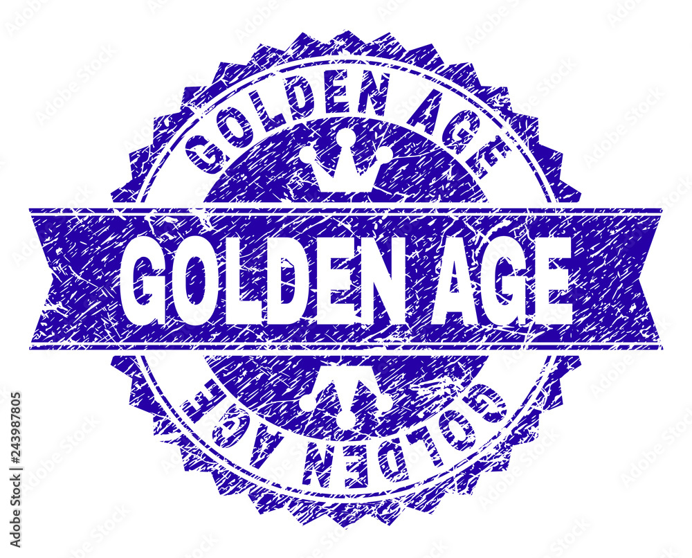 GOLDEN AGE rosette stamp watermark with distress texture. Designed with round rosette, ribbon and small crowns. Blue vector rubber watermark of GOLDEN AGE text with scratched texture. GOLDEN AGE rosette stamp watermark with distress texture. Designed with round rosette, ribbon and small crowns. Blue vector rubber watermark of GOLDEN AGE text with scratched texture.