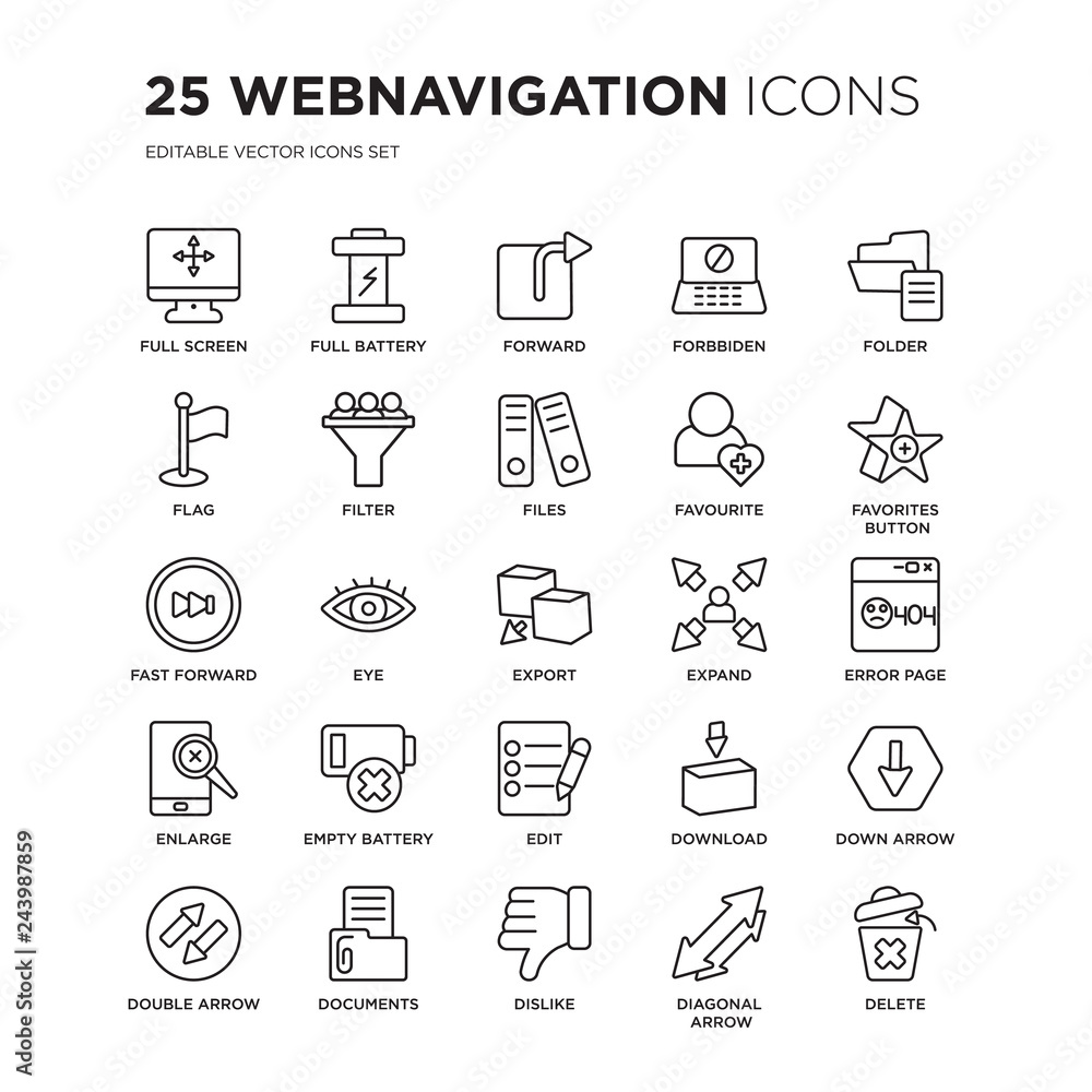 Set of 25 Webnavigation linear icons such as Full screen, battery, Forward, Forbbiden, Folder, Favorites Button, vector illustration of trendy icon pack. Line icons with thin line stroke. Set of 25 Webnavigation linear icons such as Full screen, battery, Forward, Forbbiden, Folder, Favorites Button, vector illustration of trendy icon pack. Line icons with thin line stroke.