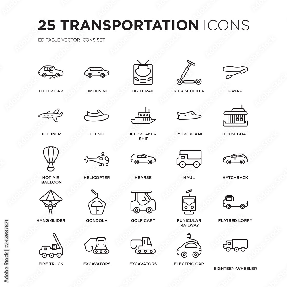 Set of 25 Transportation linear icons such as litter car, Limousine, light rail, Kick scooter, Kayak, houseboat, hatchback, vector illustration of trendy icon pack. Line icons with thin line stroke. Set of 25 Transportation linear icons such as litter car, Limousine, light rail, Kick scooter, Kayak, houseboat, hatchback, vector illustration of trendy icon pack. Line icons with thin line stroke.
