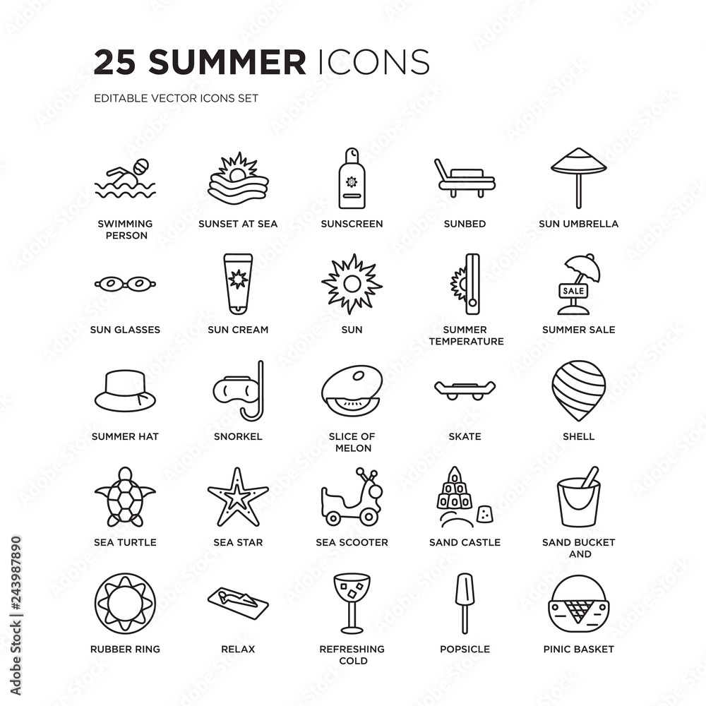 Set of 25 Summer linear icons such as Swimming person, Sunset at sea, Sunscreen, Sunbed, Sun umbrella, sale, Shell, vector illustration of trendy icon pack. Line icons with thin line stroke.