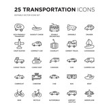 Set of 25 Transportation linear icons such as eco-friendly transport, dugout canoe, Double decker bus, dirigible, Cruiser, vector illustration of trendy icon pack. Line icons with thin line stroke.