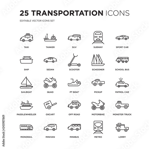 Set of 25 Transportation linear icons such as Taxi, Tanker, Suv, Subway, Sport car, School bus, patrol Monster truck, vector illustration of trendy icon pack. Line icons with thin line stroke.