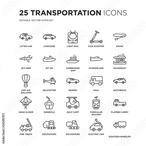 Set of 25 Transportation linear icons such as litter car, Limousine, light rail, Kick scooter, Kayak, houseboat, hatchback, vector illustration of trendy icon pack. Line icons with thin line stroke.