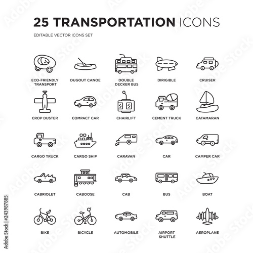 Set of 25 Transportation linear icons such as eco-friendly transport, dugout canoe, Double decker bus, dirigible, Cruiser, vector illustration of trendy icon pack. Line icons with thin line stroke.