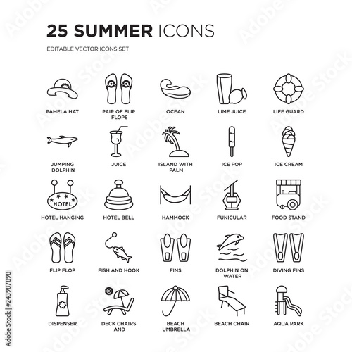 Set of 25 Summer linear icons such as Pamela hat, Pair flip flops, Ocean, Lime juice, Life guard, Ice cream, Food stand, vector illustration of trendy icon pack. Line icons with thin line stroke.