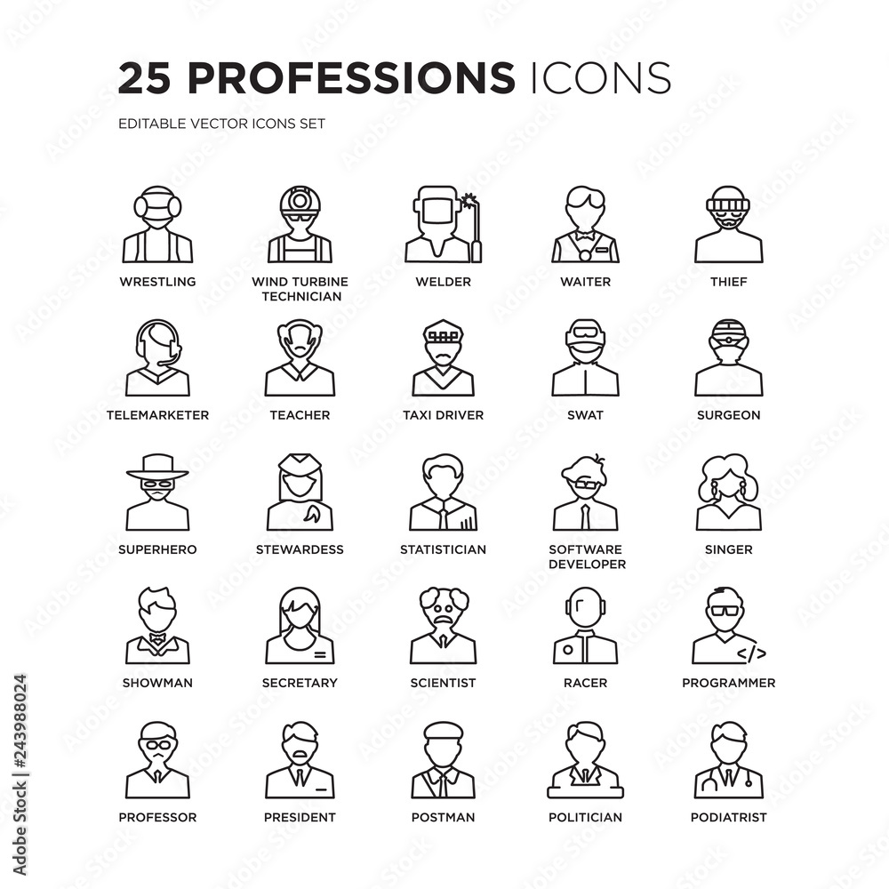 Set of 25 Professions linear icons such as Wrestling, Wind Turbine Technician, Welder, Waiter, Thief, Surgeon, Singer, vector illustration of trendy icon pack. Line icons with thin line stroke. Set of 25 Professions linear icons such as Wrestling, Wind Turbine Technician, Welder, Waiter, Thief, Surgeon, Singer, vector illustration of trendy icon pack. Line icons with thin line stroke.