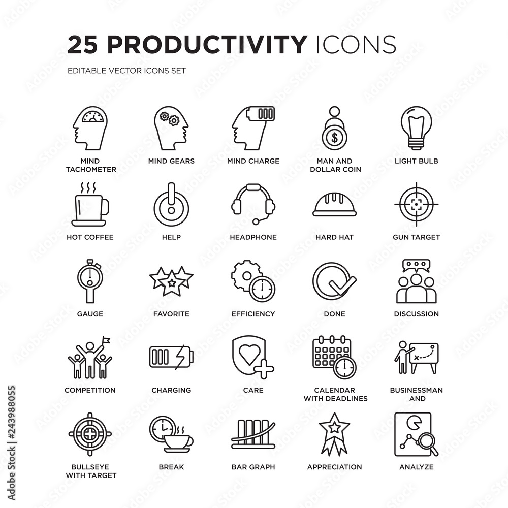 Set of 25 Productivity linear icons such as Mind tachometer, gears, Charge, Man and dollar coin, Light bulb, vector illustration of trendy icon pack. Line icons with thin line stroke. Set of 25 Productivity linear icons such as Mind tachometer, gears, Charge, Man and dollar coin, Light bulb, vector illustration of trendy icon pack. Line icons with thin line stroke.