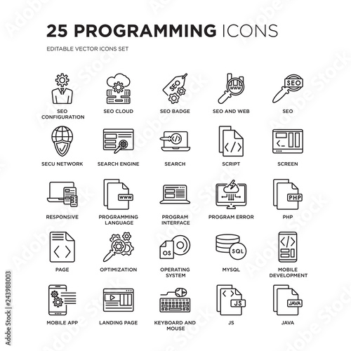 Set of 25 Programming linear icons such as Seo Configuration, SEO Cloud, Badge, and web, Seo, Screen, Php, vector illustration of trendy icon pack. Line icons with thin line stroke.