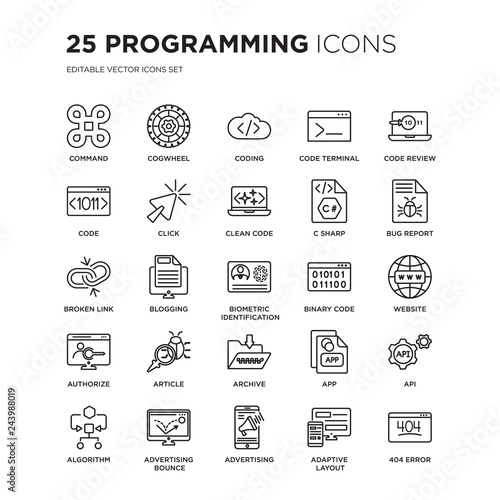 Set of 25 Programming linear icons such as Command, Cogwheel, Coding, Code terminal, review, Bug report, Website, Api, vector illustration of trendy icon pack. Line icons with thin line stroke.