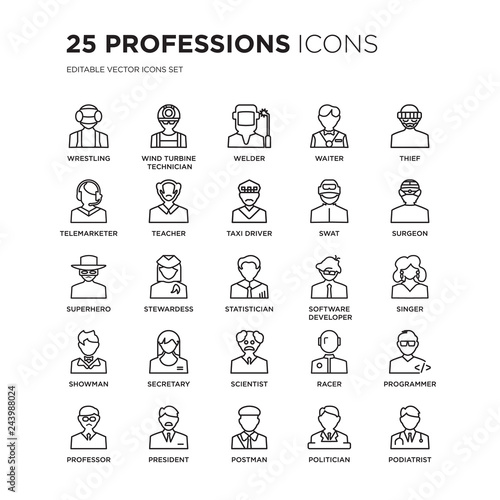 Set of 25 Professions linear icons such as Wrestling, Wind Turbine Technician, Welder, Waiter, Thief, Surgeon, Singer, vector illustration of trendy icon pack. Line icons with thin line stroke.