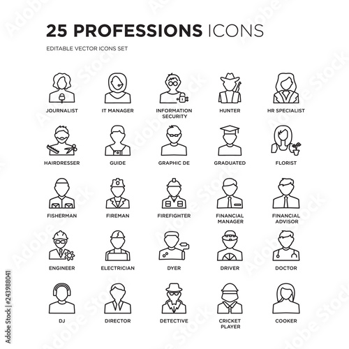 Set of 25 Professions linear icons such as journalist, IT Manager, Information Security Analyst, Hunter, HR Specialist, vector illustration of trendy icon pack. Line icons with thin line stroke.