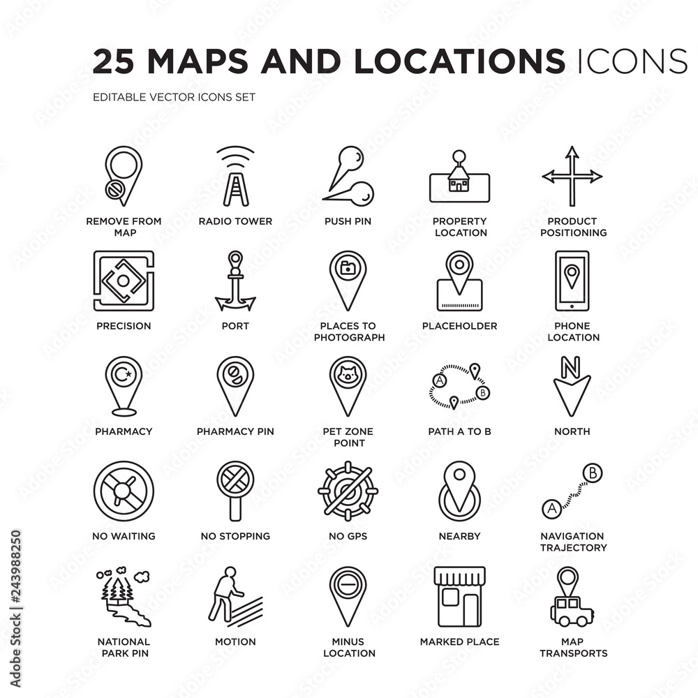 Set of 25 Maps and Locations linear icons such as Remove from Map, Radio tower, Push pin, property location, vector illustration of trendy icon pack. Line icons with thin line stroke. Set of 25 Maps and Locations linear icons such as Remove from Map, Radio tower, Push pin, property location, vector illustration of trendy icon pack. Line icons with thin line stroke.